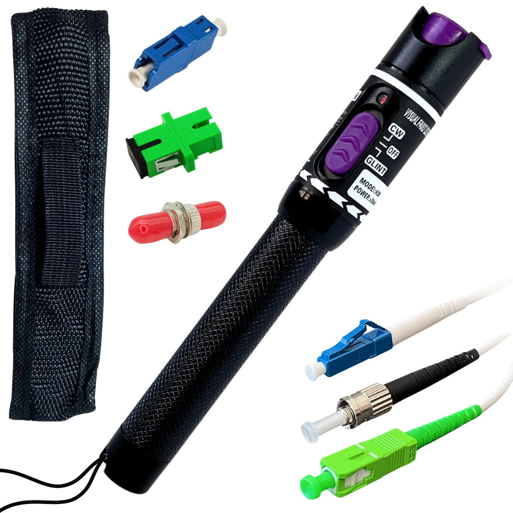 FiberShack - 30km VFL Fiber Optic Tester - Fiber Visual Fault Locator Fiber Optic with Aluminum Body - Fiber Tester Kit Includes Fiber Couplers & 3X 1ft Armored Jumper Cables