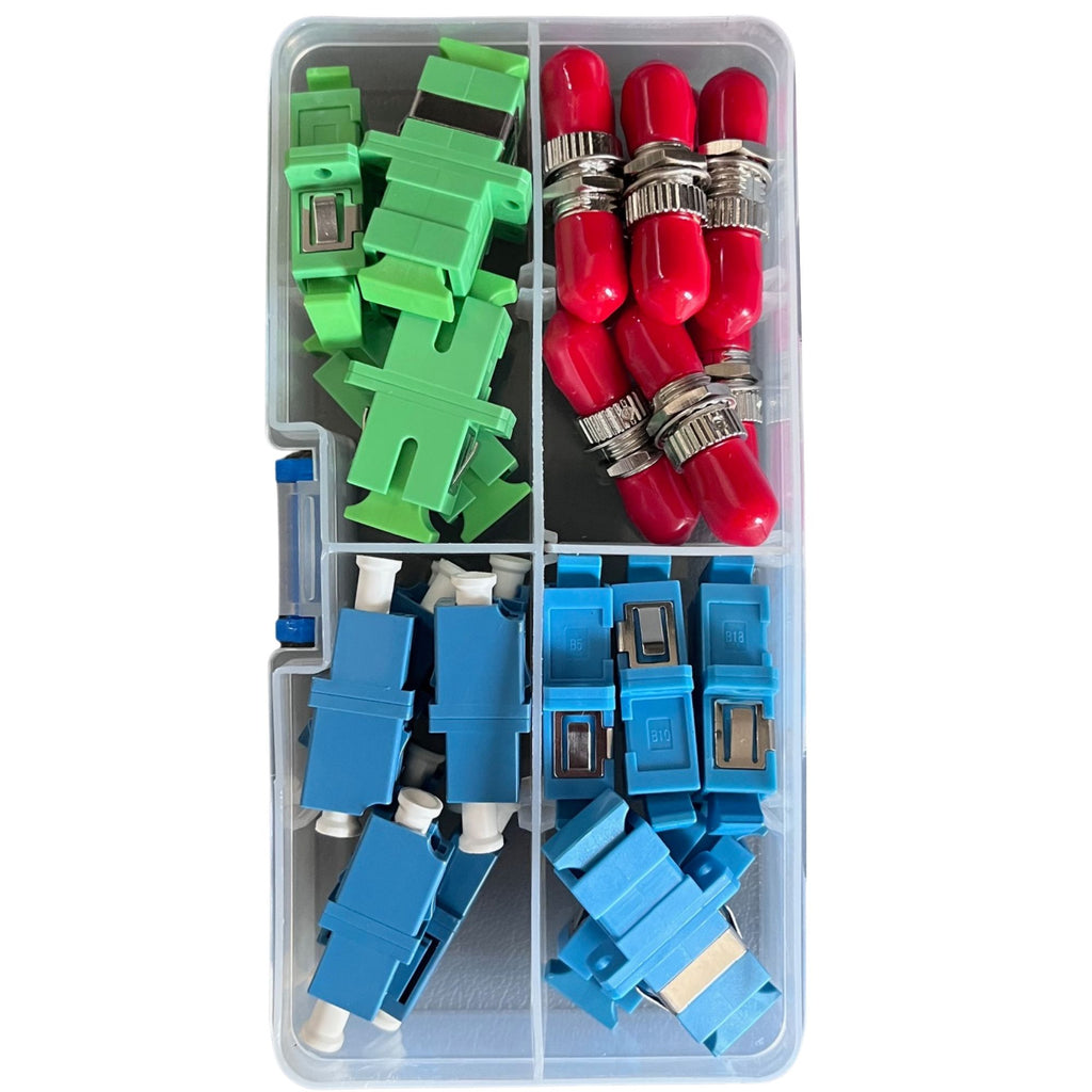 Fiber Optic Coupler Kit for ST, LC, SC, SC/APC Cables. 4 Styles with 26 Couplers for Single-Mode & Multi-Mode Patch Cords