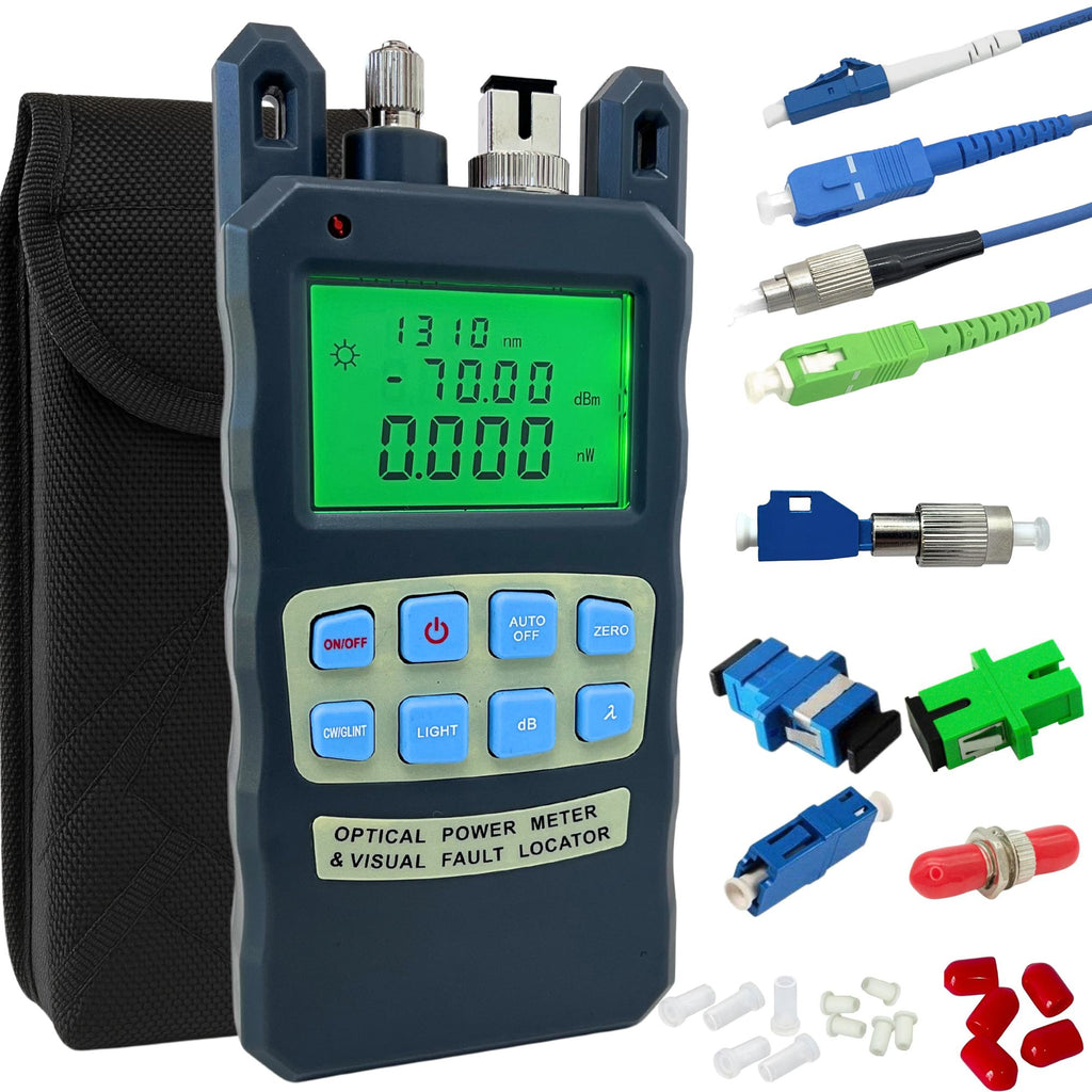 FiberShack - Optical Power Meter & 5km Fiber Tester Kit - Fiber Light Meter VFL & OPM Also Includes Carry Case, FC to ST, SC, SCAPC & LC Optical Jumpers, Couplers, Dust Caps & FC to LC/SC Adapters