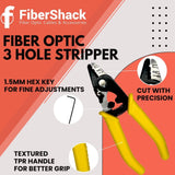 3 Hole Fiber Optic Stripping Tool - 6" handle - Includes Hex Key for fine adjustments.