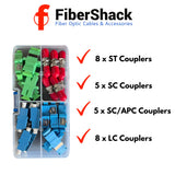 Fiber Optic Coupler Kit for ST, LC, SC, SC/APC Cables. 4 Styles with 26 Couplers for Single-Mode & Multi-Mode Patch Cords