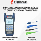 FiberShack - Optical Power Meter & 10km Fiber Tester Kit - Fiber Light Meter VFL & OPM also Includes FC to ST, SC, SC/APC & LC Optical Jumpers, Couplers, Dust Caps & FC to LC/SC Adapters
