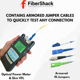 FiberShack - Optical Power Meter & 5km Fiber Tester Kit - Fiber Light Meter VFL & OPM Also Includes Carry Case, FC to ST, SC, SCAPC & LC Optical Jumpers, Couplers, Dust Caps & FC to LC/SC Adapters